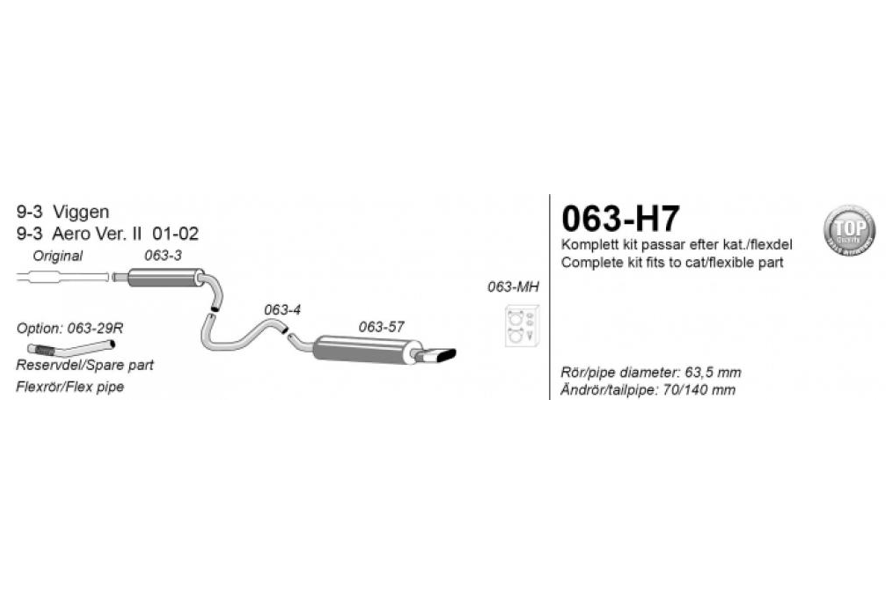 SIMONS 2.5"/63mm sport kipufogó katalizátortól SAAB 9-3 Viggen